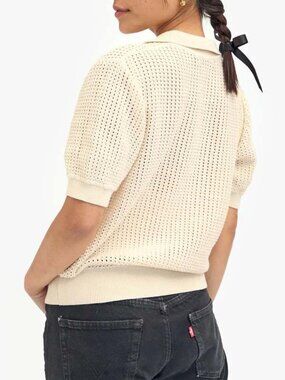 CLARE V. Crochet Cream Knit Polo Shirt
